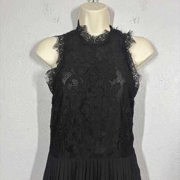 H&M Lace Midi Dress Flare Pleated Skirt Black High Neck Sleeveless - 6 - Picture 4 of 6